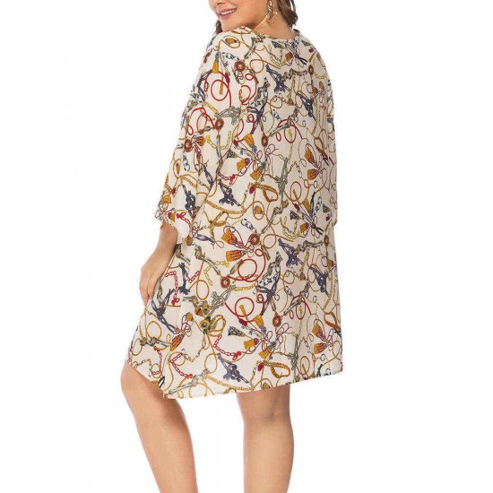 Plus Size Casual Printed Long Sleeve Short Dress