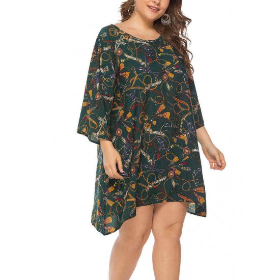 Plus Size Casual Printed Long Sleeve Short Dress