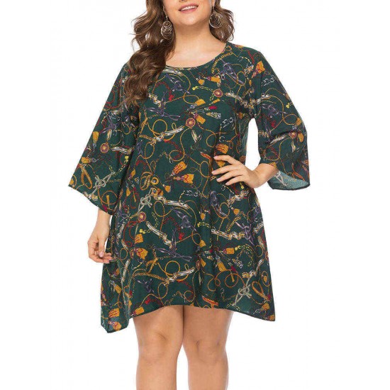 Plus Size Casual Printed Long Sleeve Short Dress