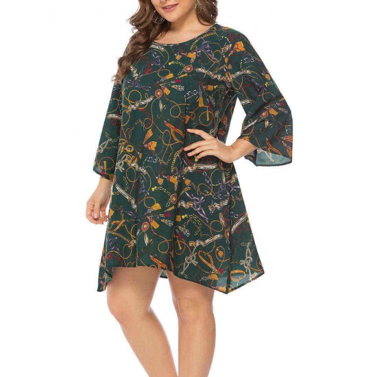 Plus Size Casual Printed Long Sleeve Short Dress