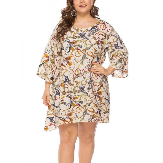 Plus Size Casual Printed Long Sleeve Short Dress