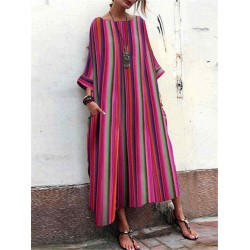 Plus Size Casual Stripe Round Neck Maxi Dress with Pockets