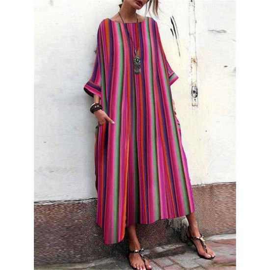 Plus Size Casual Stripe Round Neck Maxi Dress with Pockets