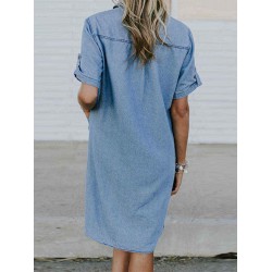 Plus Size Casual Turn-down Collar Front Pockets Women Shirt Dress