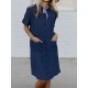 Plus Size Casual Turn-down Collar Front Pockets Women Shirt Dress