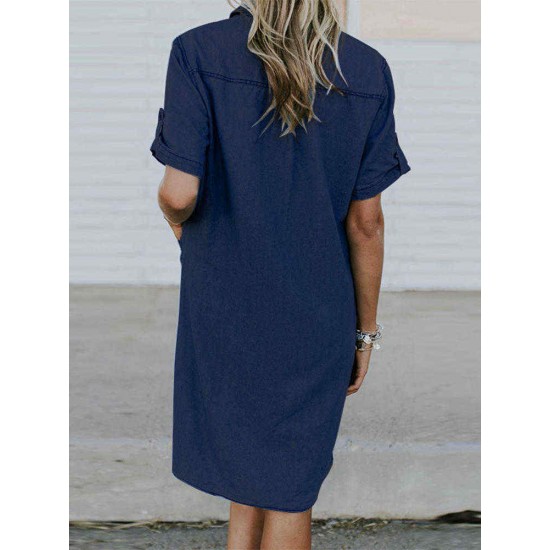 Plus Size Casual Turn-down Collar Front Pockets Women Shirt Dress