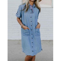 Plus Size Casual Turn-down Collar Front Pockets Women Shirt Dress