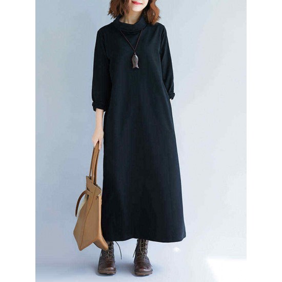 Plus Size Casual Turtle Neck Long Sleeve Solid Color Dress