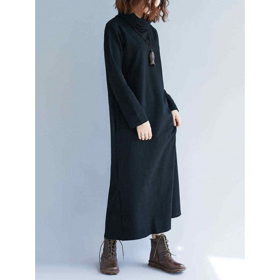 Plus Size Casual Turtle Neck Long Sleeve Solid Color Dress