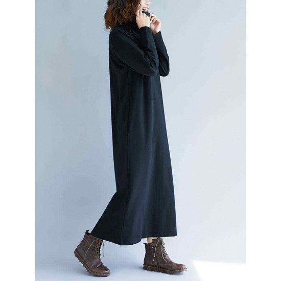 Plus Size Casual Turtle Neck Long Sleeve Solid Color Dress