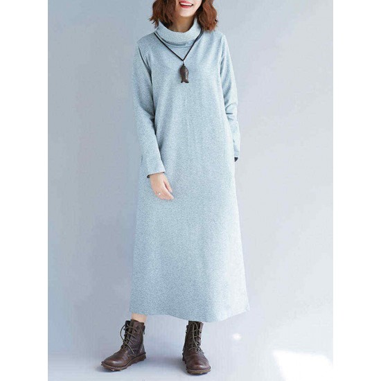 Plus Size Casual Turtle Neck Long Sleeve Solid Color Dress