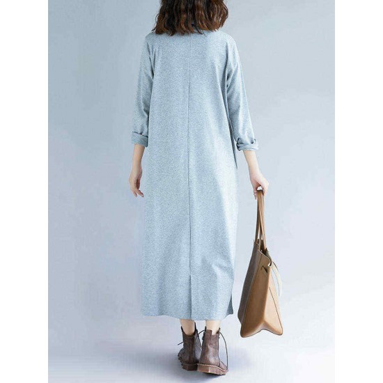 Plus Size Casual Turtle Neck Long Sleeve Solid Color Dress