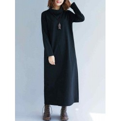 Plus Size Casual Turtle Neck Long Sleeve Solid Color Dress