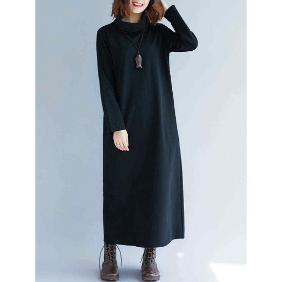 Plus Size Casual Turtle Neck Long Sleeve Solid Color Dress