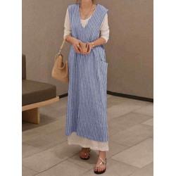 Plus Size Casual V-neck Sleeveless Stripe Maxi Dress with Pockets