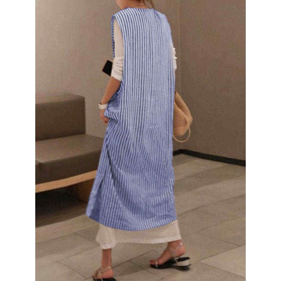 Plus Size Casual V-neck Sleeveless Stripe Maxi Dress with Pockets Plus Size Casual V-neck Sleeveless Stripe Maxi Dress with Pockets