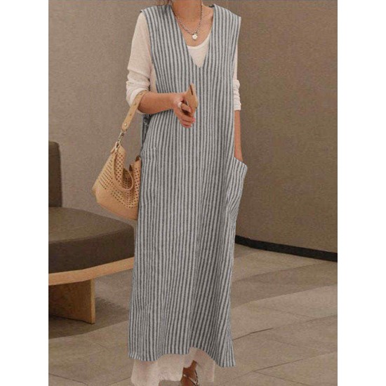 Plus Size Casual V-neck Sleeveless Stripe Maxi Dress with Pockets Plus Size Casual V-neck Sleeveless Stripe Maxi Dress with Pockets