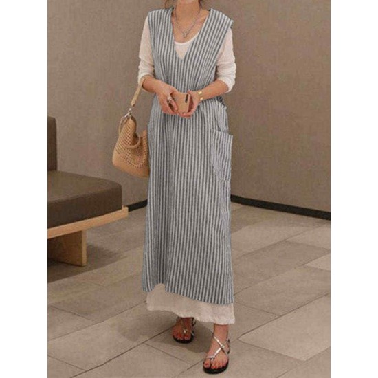 Plus Size Casual V-neck Sleeveless Stripe Maxi Dress with Pockets Plus Size Casual V-neck Sleeveless Stripe Maxi Dress with Pockets