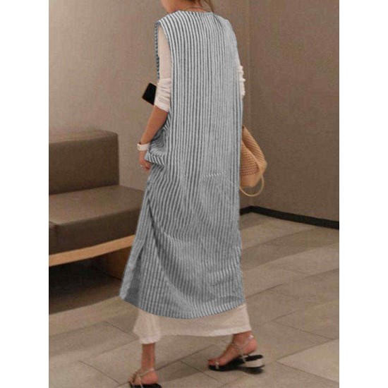 Plus Size Casual V-neck Sleeveless Stripe Maxi Dress with Pockets Plus Size Casual V-neck Sleeveless Stripe Maxi Dress with Pockets