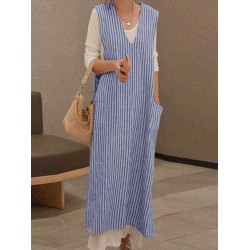 Plus Size Casual V-neck Sleeveless Stripe Maxi Dress with Pockets