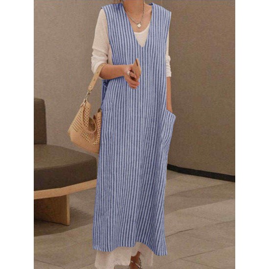 Plus Size Casual V-neck Sleeveless Stripe Maxi Dress with Pockets Plus Size Casual V-neck Sleeveless Stripe Maxi Dress with Pockets