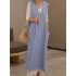 Plus Size Casual V-neck Sleeveless Stripe Maxi Dress with Pockets