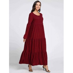 Plus Size Casual Women Flared Sleeve Ruffle Plain Dresses