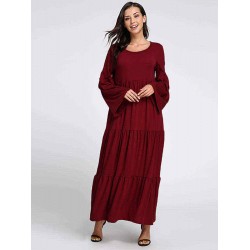 Plus Size Casual Women Flared Sleeve Ruffle Plain Dresses