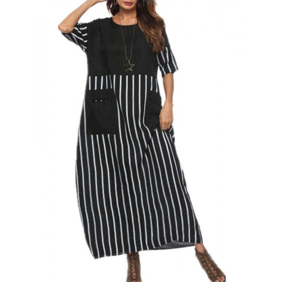 Plus Size Casual Women Half Sleeve Stripe Patchwork Pockets Dress