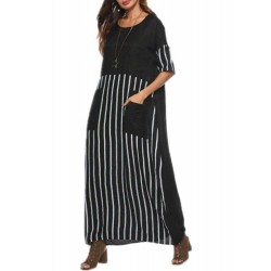 Plus Size Casual Women Half Sleeve Stripe Patchwork Pockets Dress