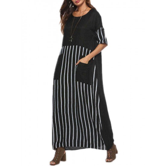 Plus Size Casual Women Half Sleeve Stripe Patchwork Pockets Dress