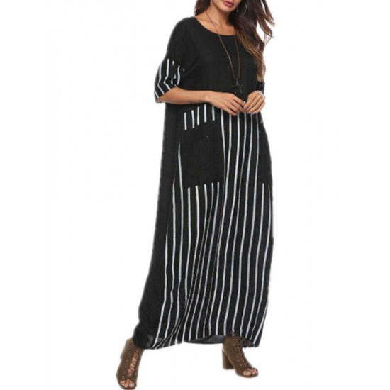 Plus Size Casual Women Half Sleeve Stripe Patchwork Pockets Dress