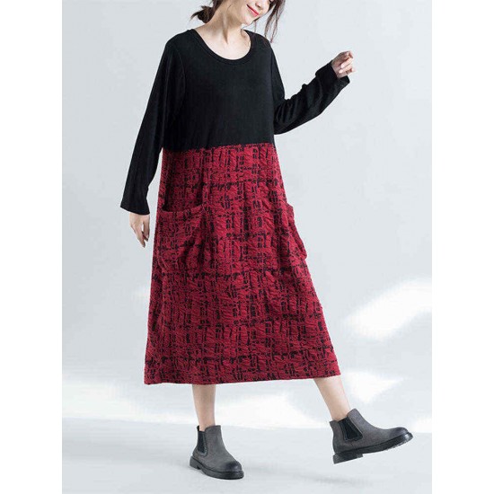 Plus Size Casual Women Loose Patchwork Maxi Dresses