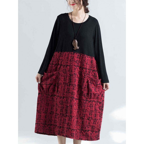 Plus Size Casual Women Loose Patchwork Maxi Dresses