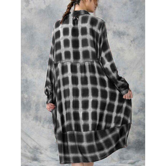 Plus Size Casual Women Loose Plaid Blouse Dress