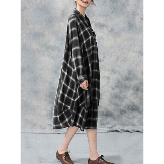 Plus Size Casual Women Loose Plaid Blouse Dress