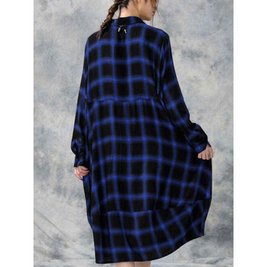 Plus Size Casual Women Loose Plaid Blouse Dress