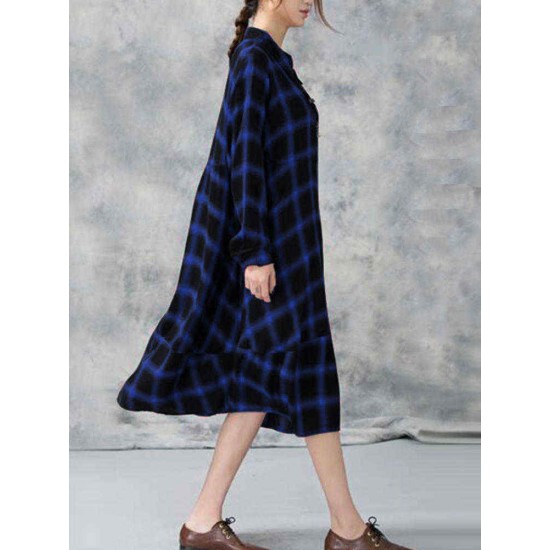 Plus Size Casual Women Loose Plaid Blouse Dress