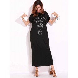 Plus Size Casual Women Loose Printed Hidden Side Pocket Maxi Dress