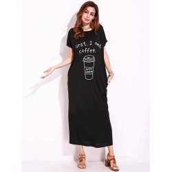 Plus Size Casual Women Loose Printed Hidden Side Pocket Maxi Dress