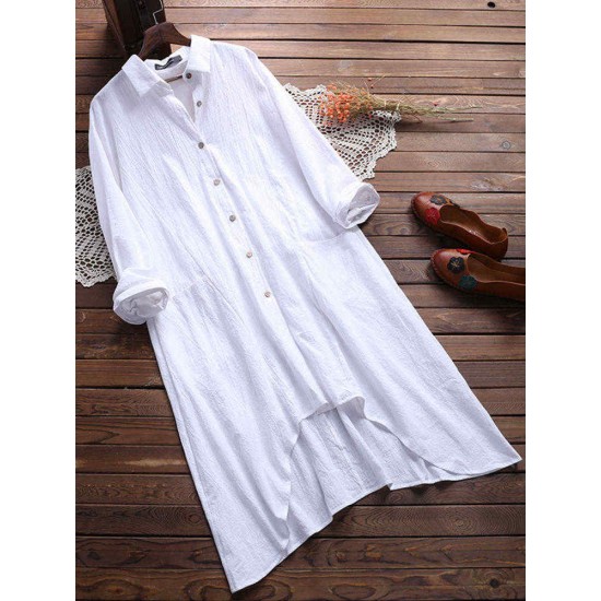 Plus Size Casual Women Turn-down Collar Cotton Long Blouse