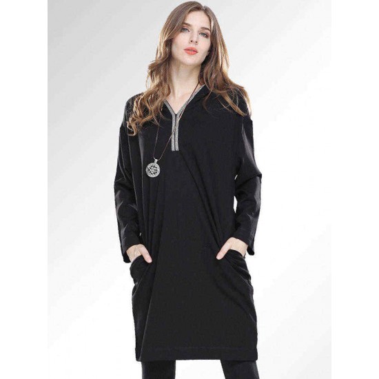 Plus Size Casual Women V-Neck Hooded Dresses