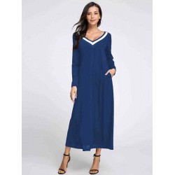 Plus Size Casual Women V-Neck Long Sleeve Maxi Dress