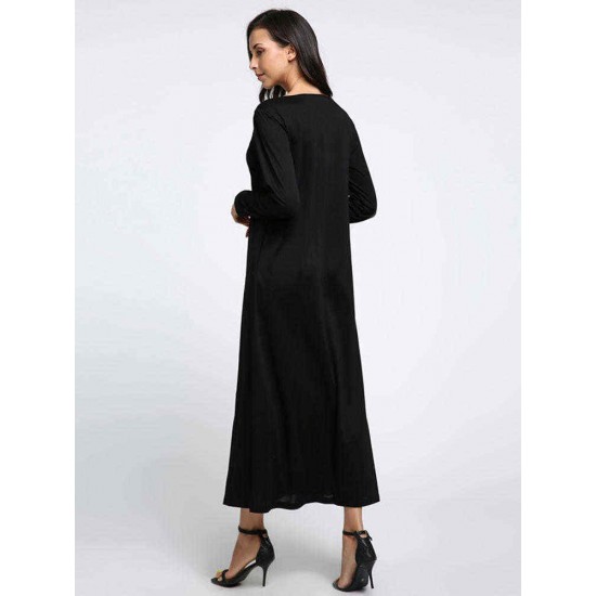 Plus Size Casual Women V-Neck Long Sleeve Maxi Dress