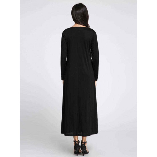 Plus Size Casual Women V-Neck Long Sleeve Maxi Dress