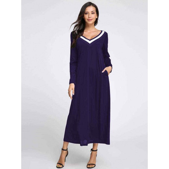 Plus Size Casual Women V-Neck Long Sleeve Maxi Dress