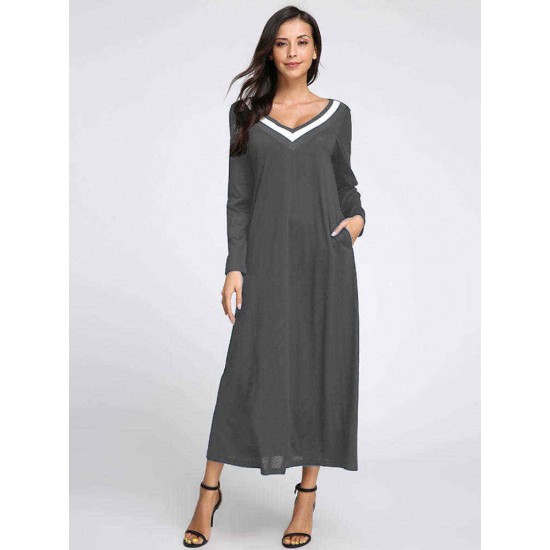 Plus Size Casual Women V-Neck Long Sleeve Maxi Dress