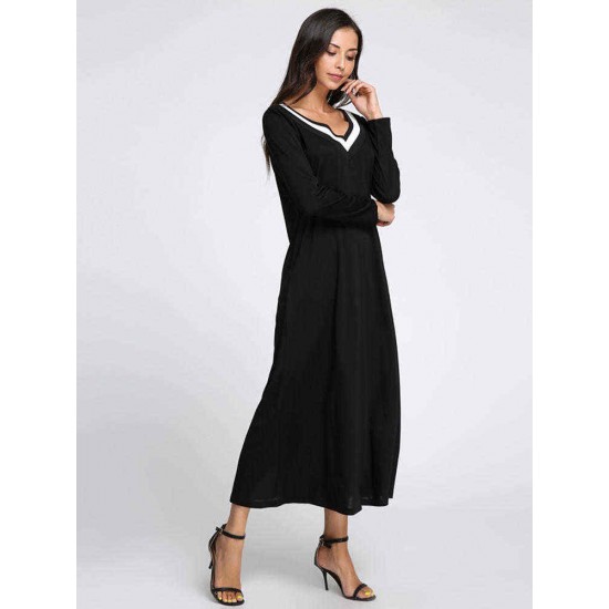 Plus Size Casual Women V-Neck Long Sleeve Maxi Dress