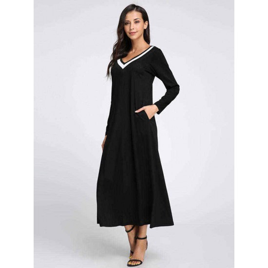 Plus Size Casual Women V-Neck Long Sleeve Maxi Dress