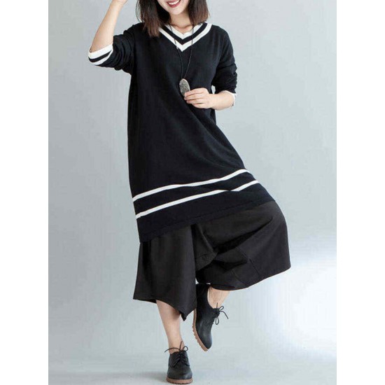 Plus Size Casual Women V-Neck Striped Long Sweater Dresses